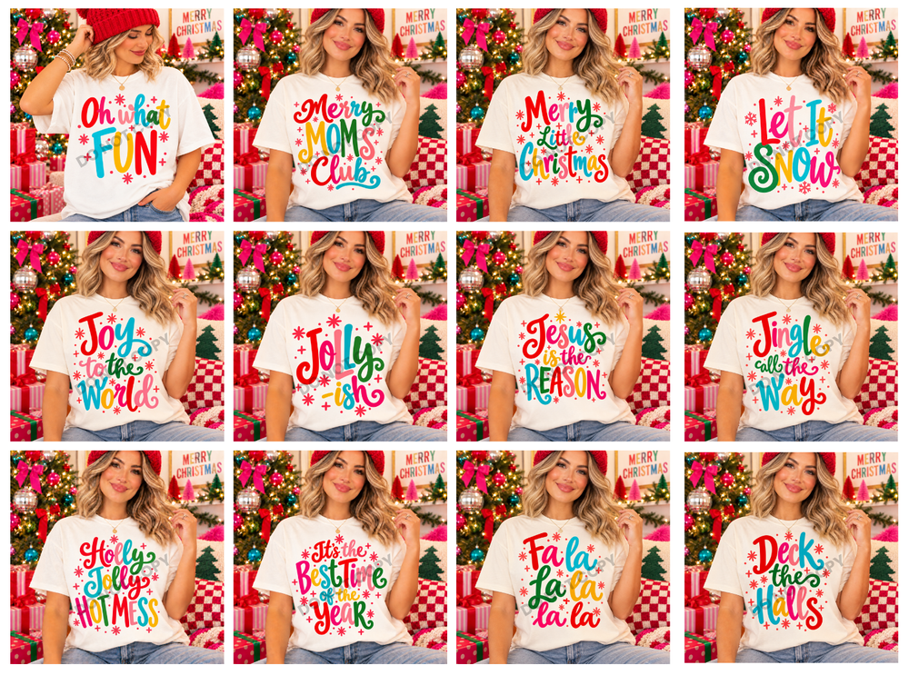 Colorful script Christmas DTF transfer collection mockups – Jesus Is the Reason, Joy to the World, Let It Snow, Jolly-ish, Jingle All the Way and more