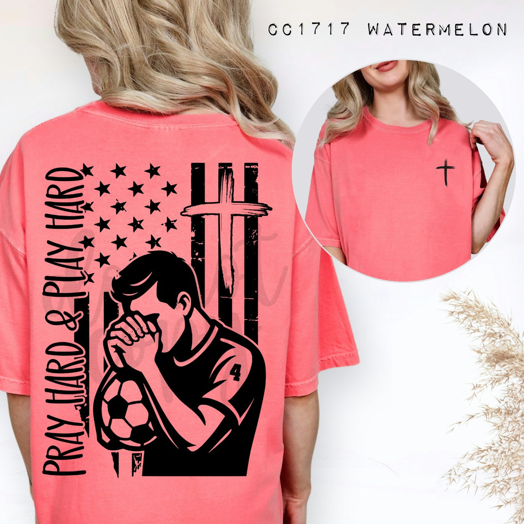 Pray Hard and Play Hard Boys Soccer customizable DTF transfer mockup