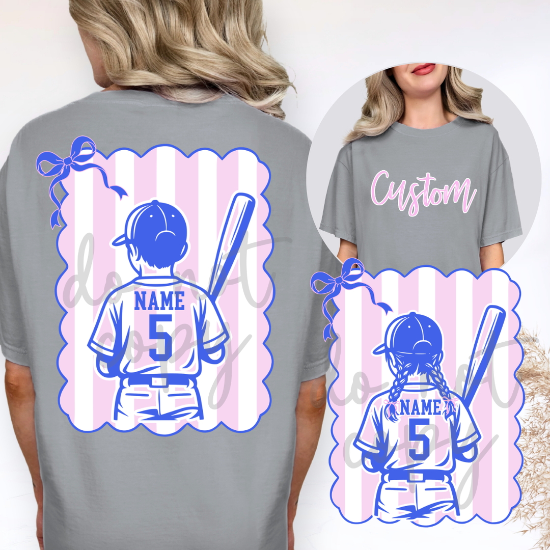 Coquette Bow Stripes Baseball Boy and Girl Softball customizable DTF transfer