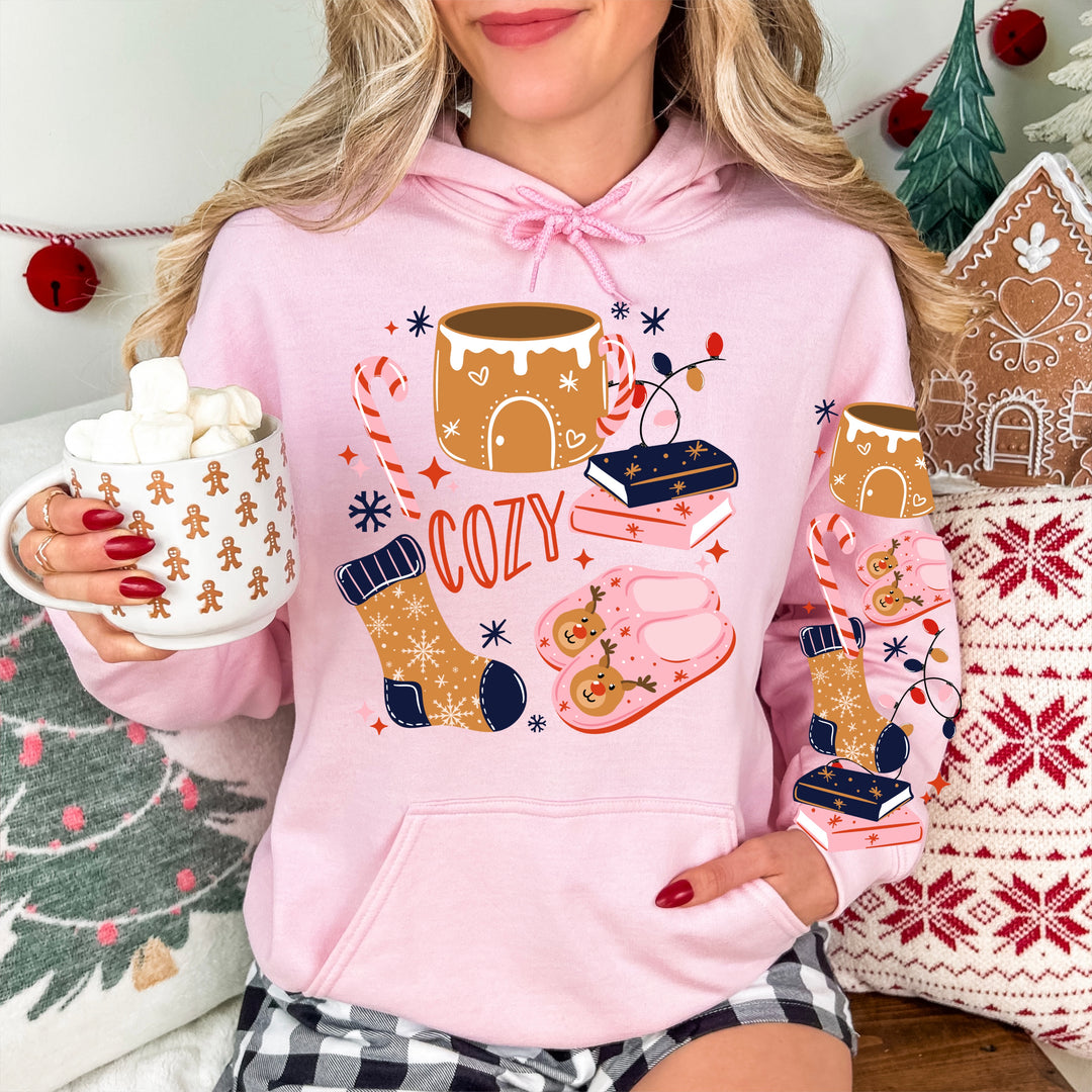 Cozy Winter front and sleeve DTF transfers – mockup