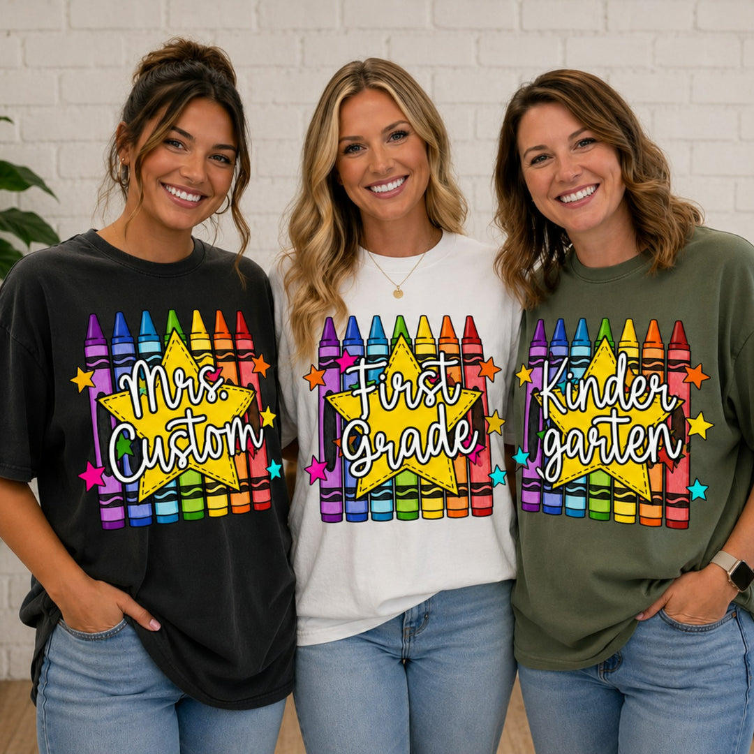 Colorful Crayons Back to School Teacher customizable DTF transfer