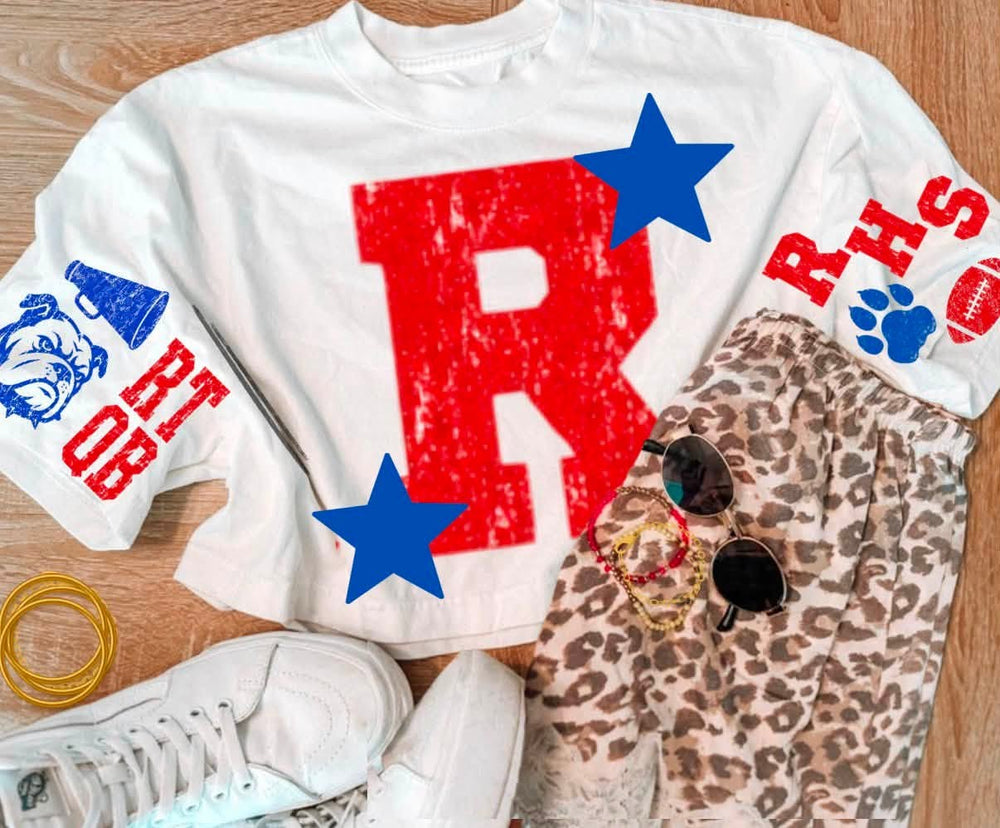 Extra school spirit design with red R, blue stars and Bulldogs sleeve artwork