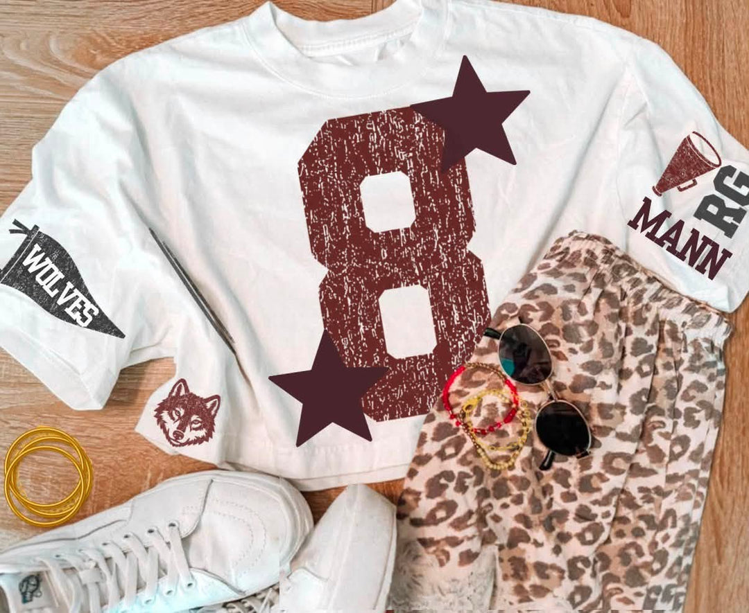Extra school spirit design with maroon player number, stars and Wolves sleeve artwork