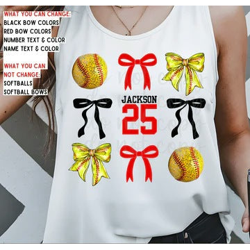 Custom Softball and Bows customizable DTF transfer