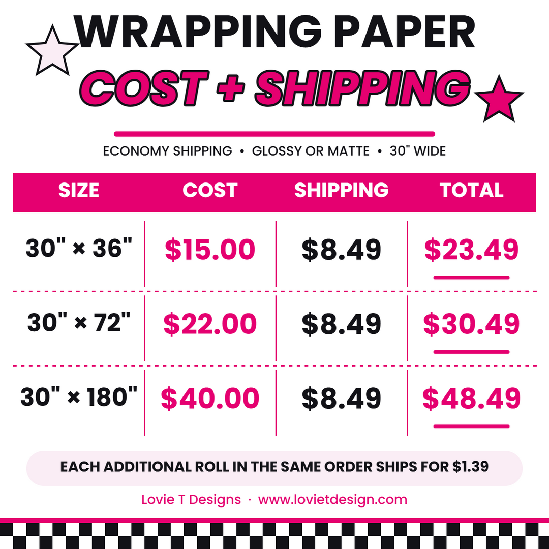 Custom wrapping paper sizes, prices and economy shipping costs