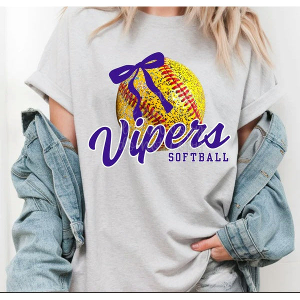 Faux Glitter Softball with Bow customizable DTF transfer