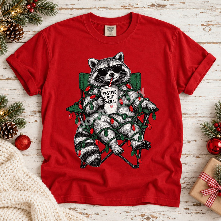Festive But Feral Raccoon DTF transfer mockup