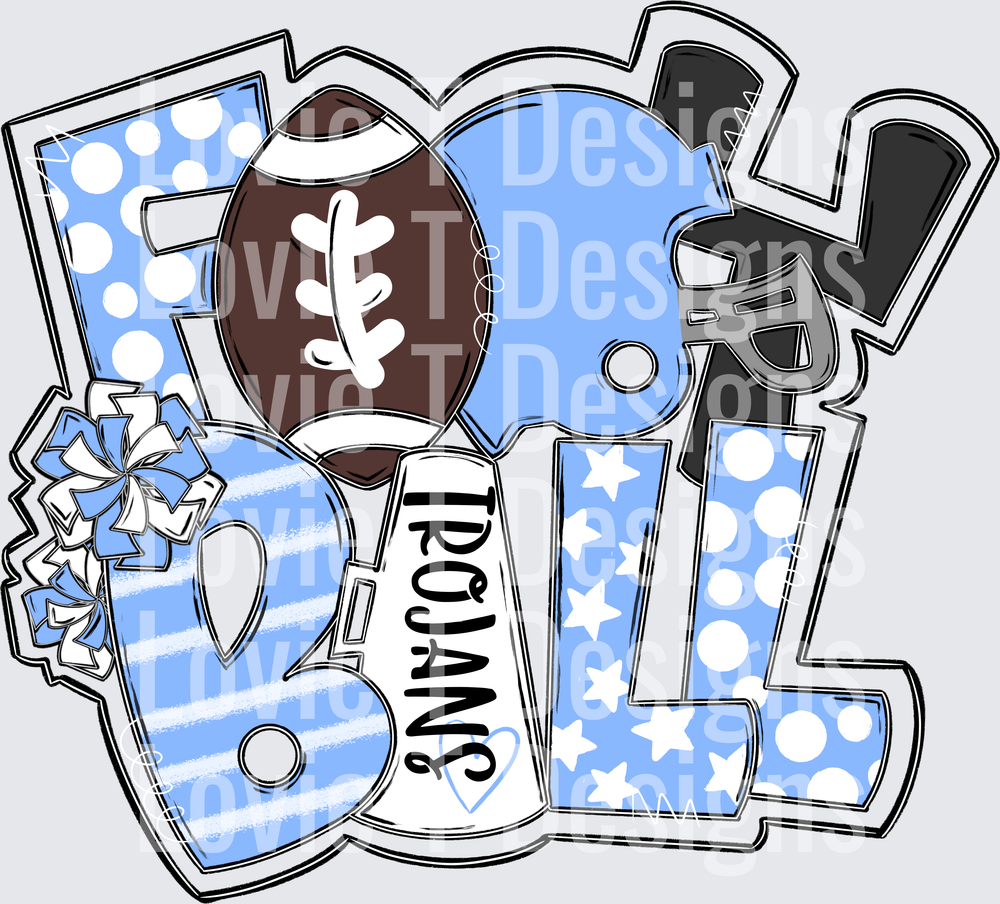 Football word art Columbia white Trojans megaphone DTF transfer
