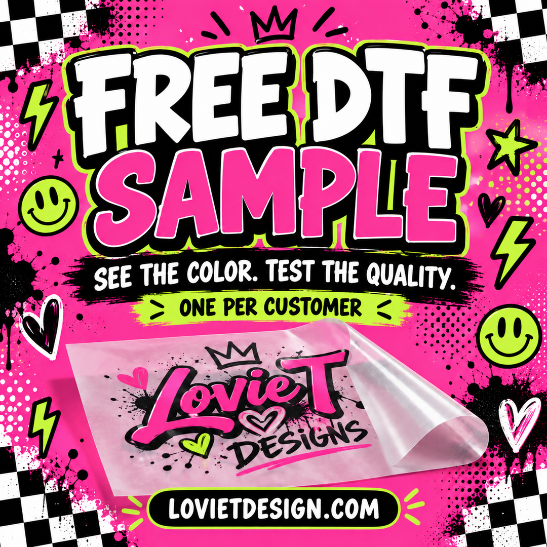 Free DTF transfer sample from Lovie T Designs, showing the transfer film with the peel corner lifted