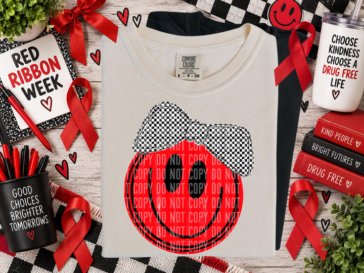 Drug Free Smiley Girl DTF transfer pressed on a tee
