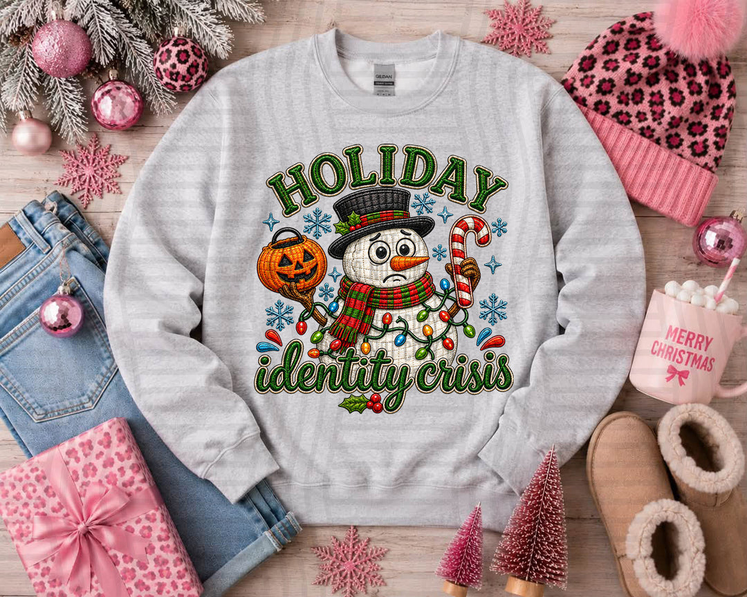 Holiday Identity Crisis DTF transfer pressed on a sweatshirt
