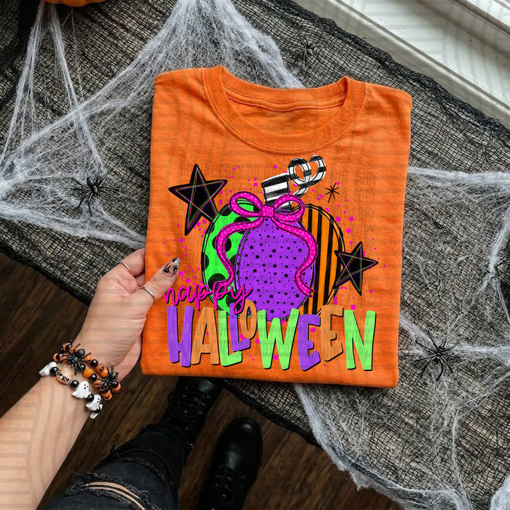 Happy Halloween DTF transfer pressed on a tee
