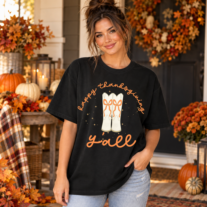 Happy Thanksgiving Y'all cowgirl boots DTF transfer mockup on a black tee