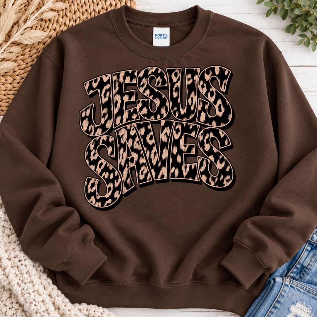 Jesus Saves leopard print crewneck mockup on dark chocolate