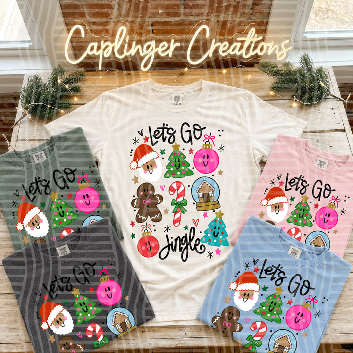 Let's Go Jingle Medium DTF transfer pressed on a tee