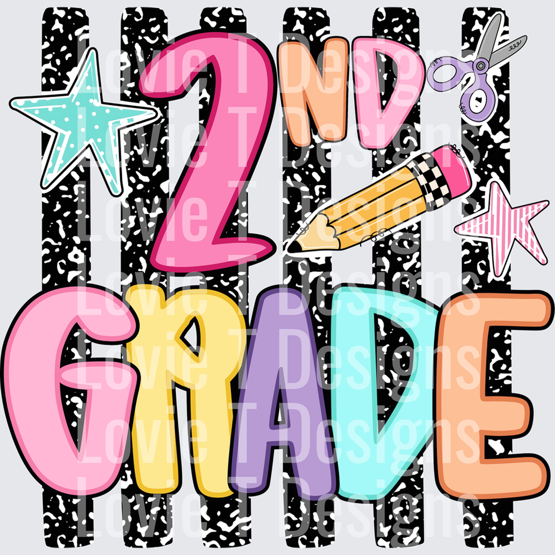 2ND GRADE COLORFUL BOLD TEXT STARS PENCIL SCISSORS BACK TO SCHOOL back-to-school DTF transfer design