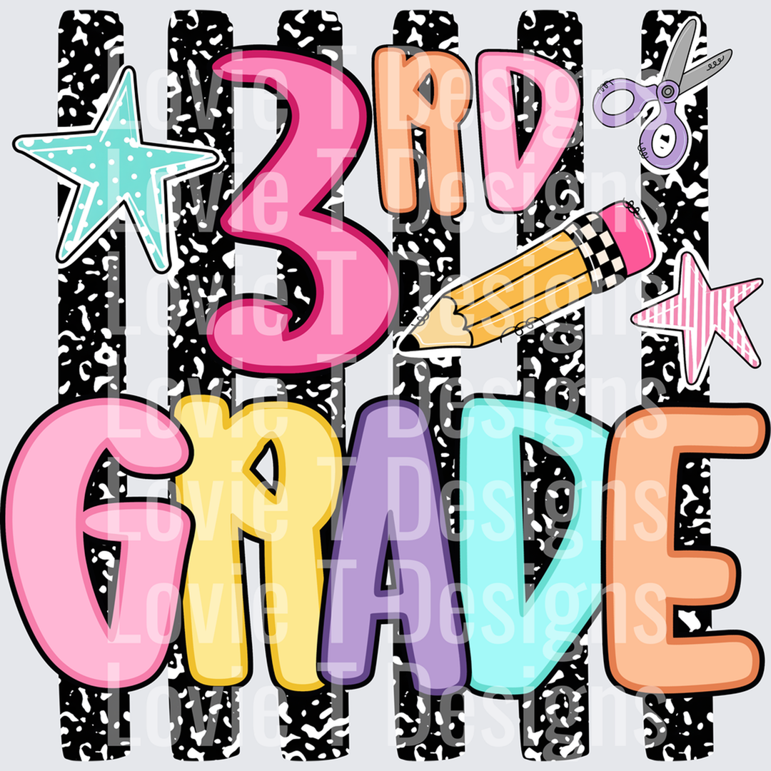 3RD GRADE COLORFUL BOLD TYPOGRAPHY SCHOOL SUPPLY DESIGN back-to-school DTF transfer design