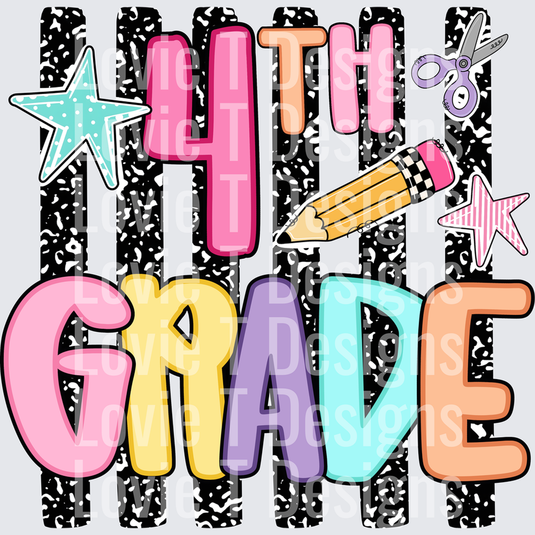 4TH GRADE COLORFUL BOLD TYPOGRAPHY SCHOOL SUPPLY DESIGN back-to-school DTF transfer design