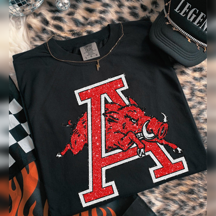 A Razorbacks Glitter Mascot Red Blk Wht DTF transfer design – image 1