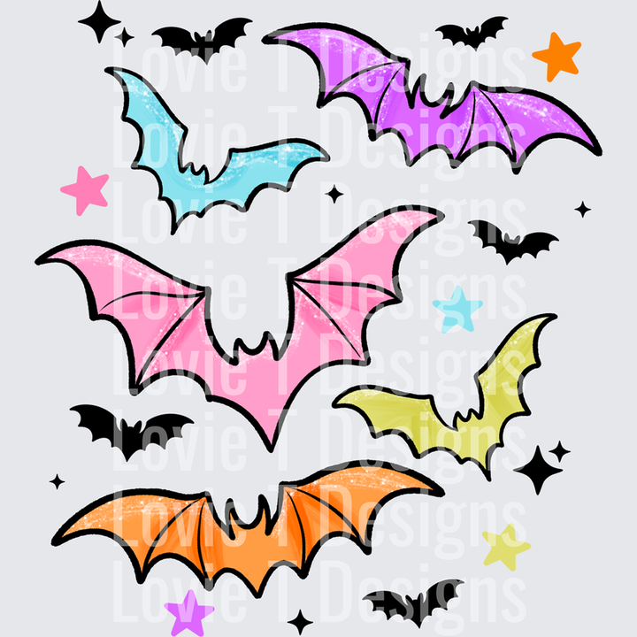 COLORFUL BATS (BLACK) Halloween DTF transfer design
