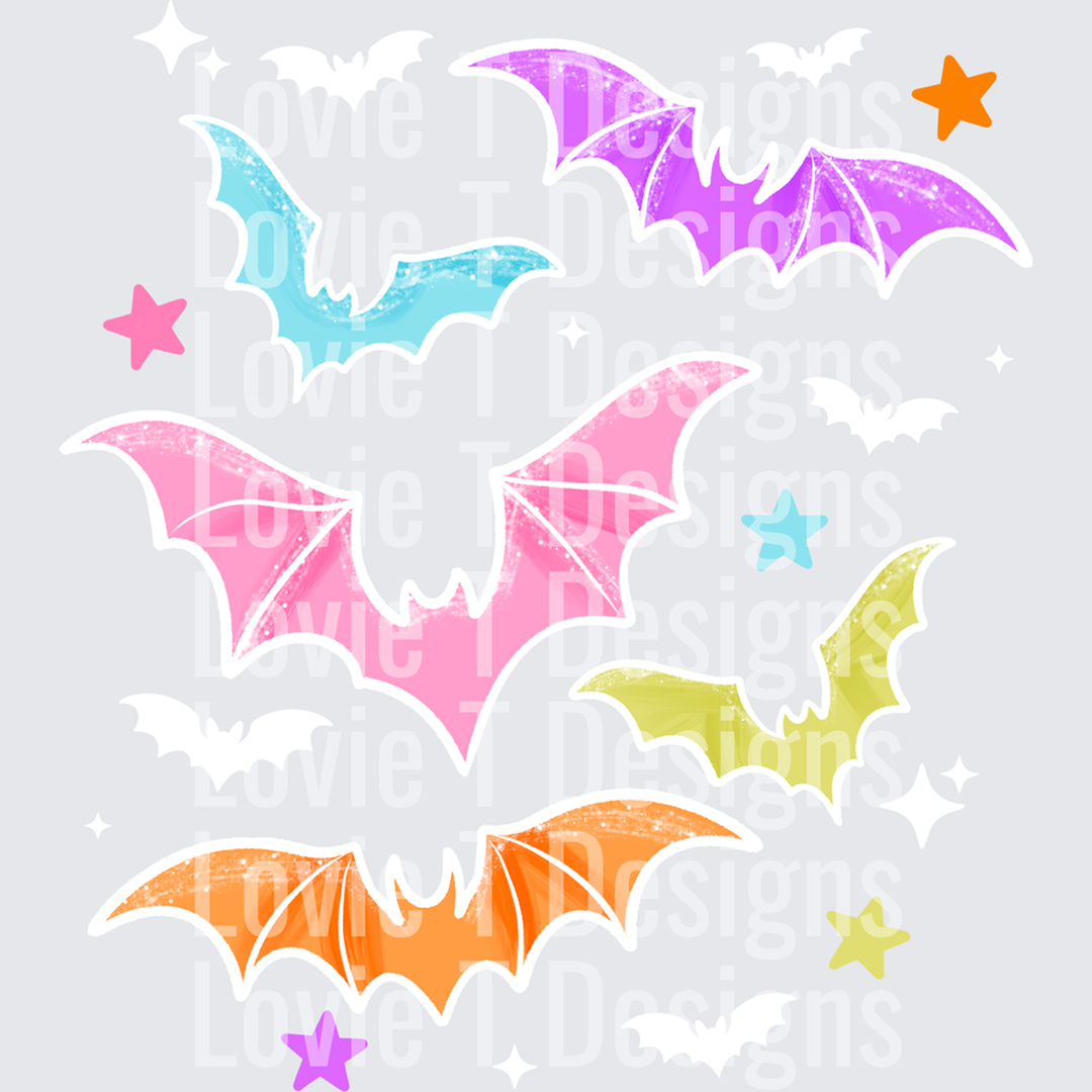 COLORFUL BATS (WHITE) Halloween DTF transfer design