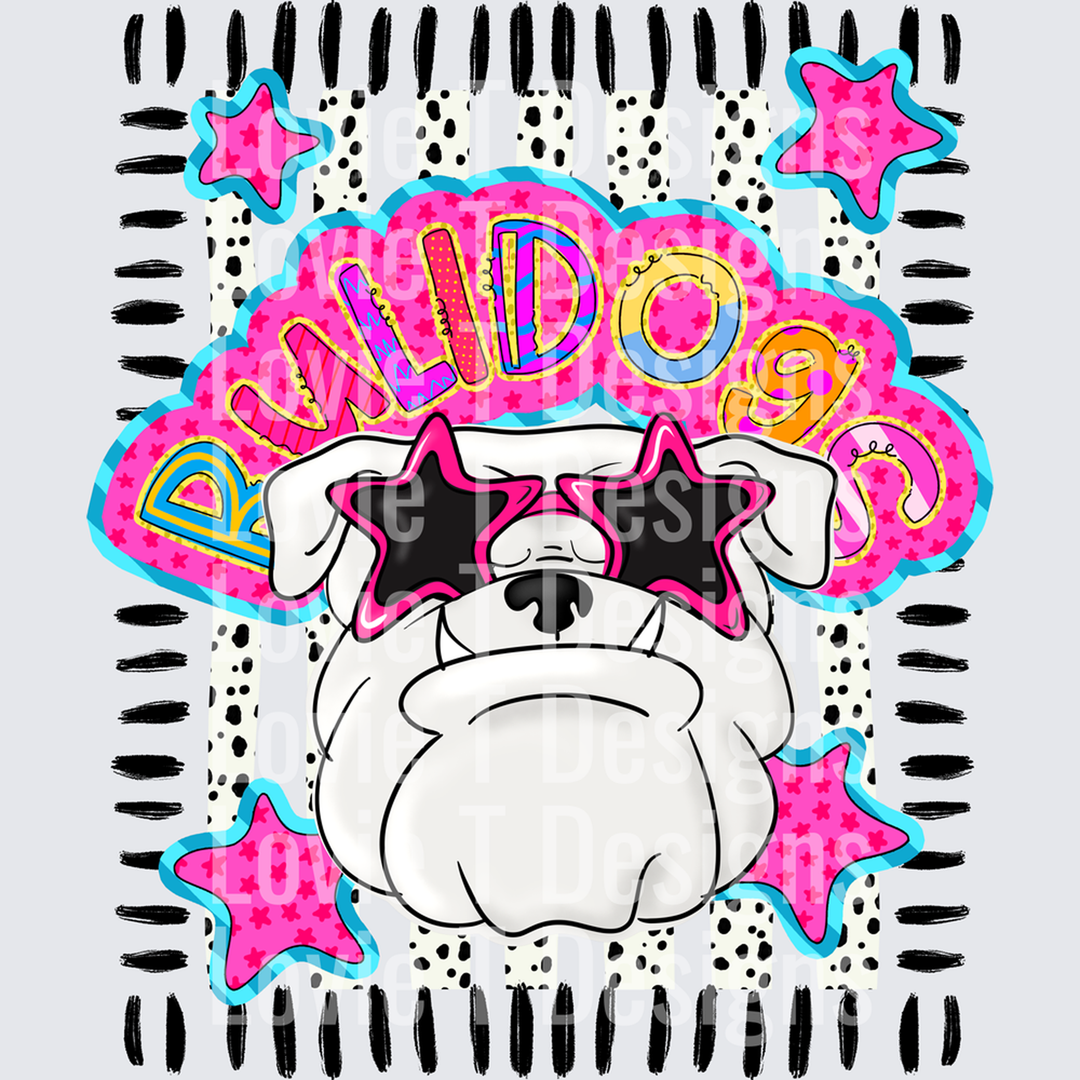 DOODLE STAR SUNGLASSES BULLDOG WHITE mascot DTF transfer design