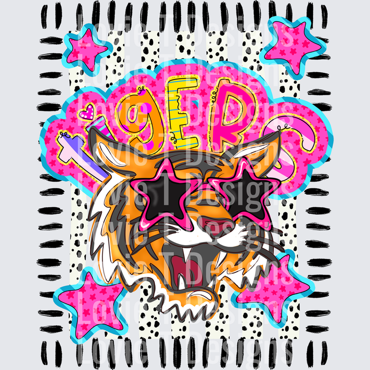 Doodle Star Sunglasses Tiger mascot DTF transfer design