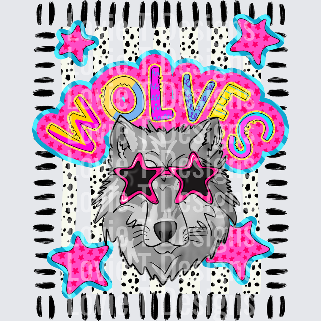 Doodle Star Sunglasses Wolf mascot DTF transfer design