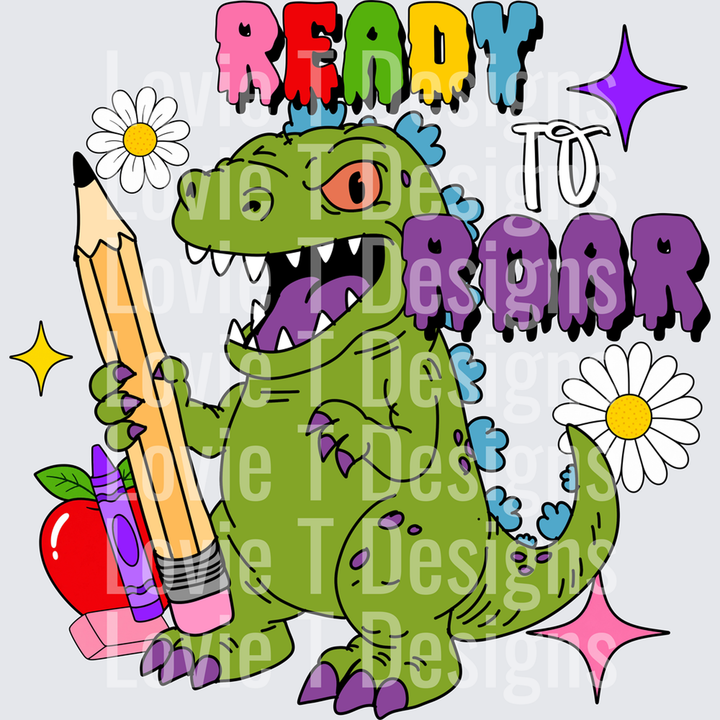 Ready to Roar Back to School Dinosaur Pencil Crayon Apple – DTF Transfer