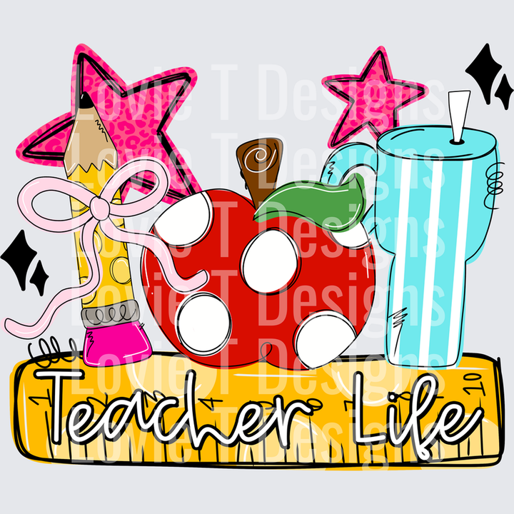 Teacher Life Pencil Apple Tumbler Leopard Star Ruler – DTF Transfer