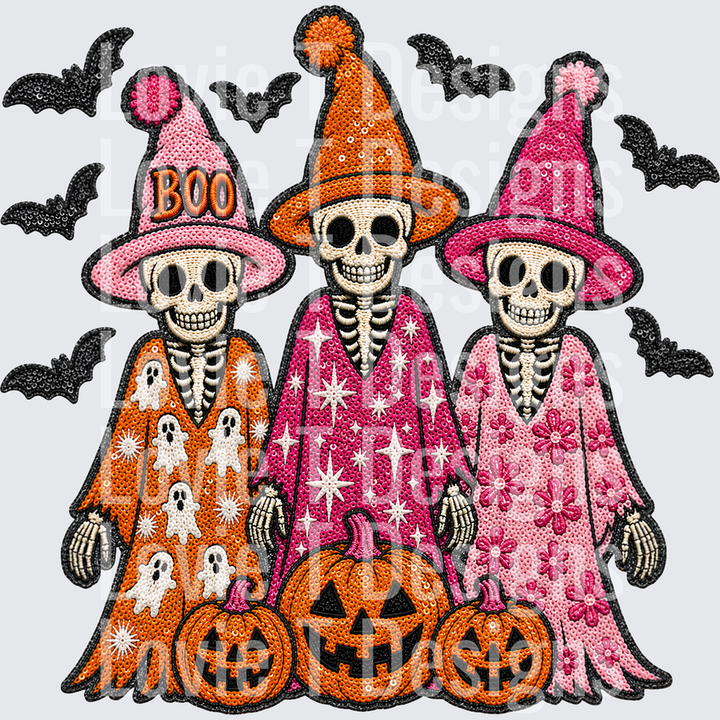 Three Halloween Skellies with Bats Faux Applique – DTF Transfer
