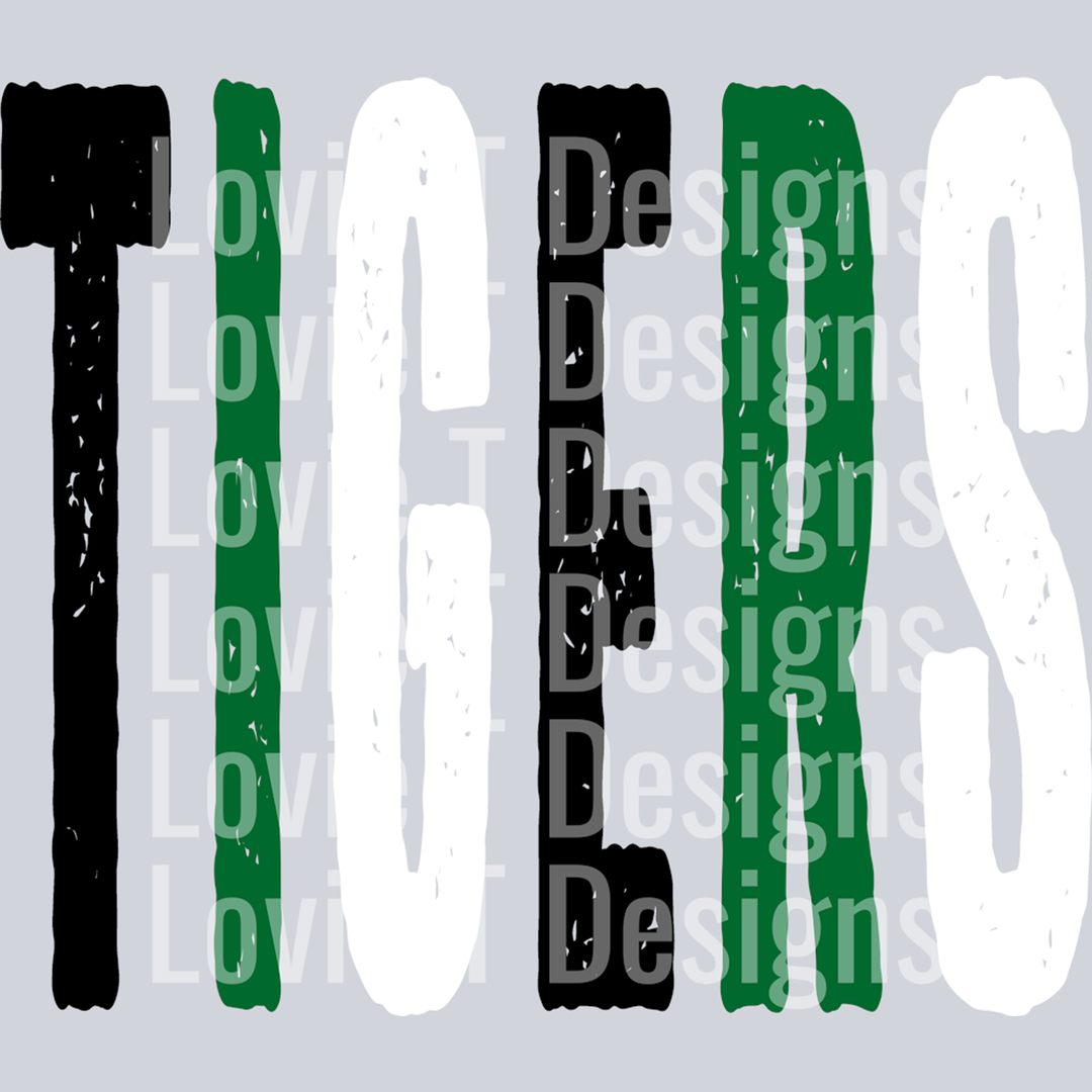 Tigers Black Green and White Grunge Mascot – DTF Transfer