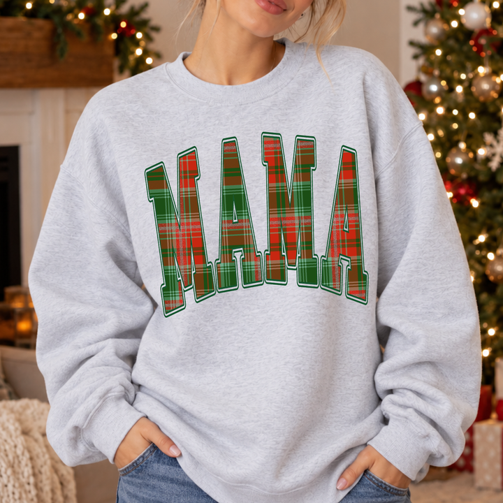 Mama Christmas plaid varsity DTF transfer mockup on a gray sweatshirt