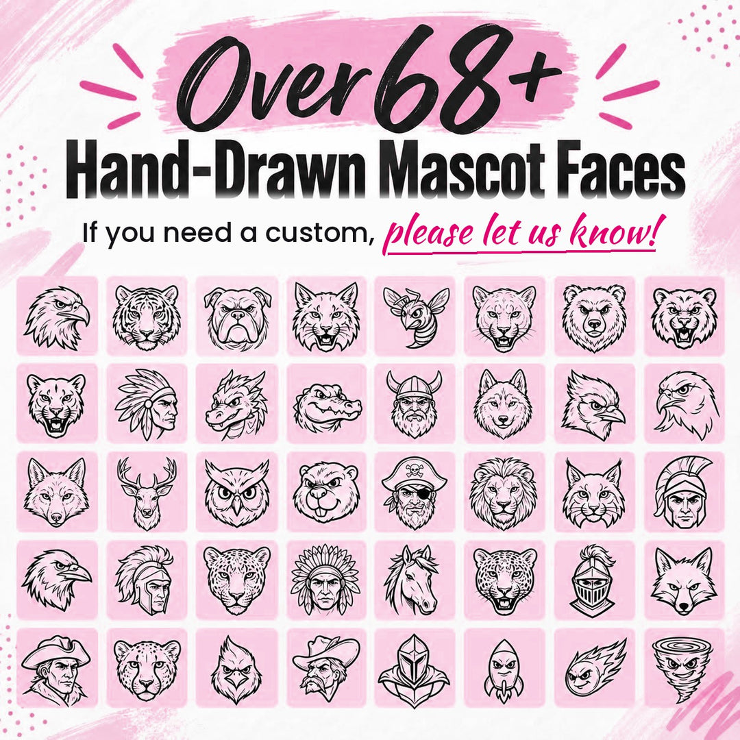 Chart of hand-drawn mascot faces to choose from for the across the back DTF transfer