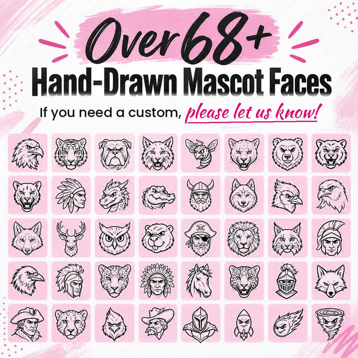 Chart of hand-drawn mascot faces to choose from for the across the back DTF transfer