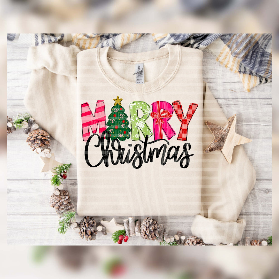 Merry Christmas Mixed Print – DTF Transfer pressed on a tee