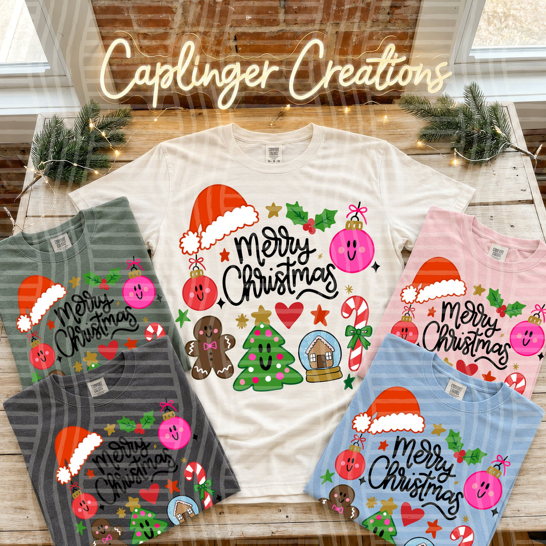 Merry Christmas Doodles DTF transfer pressed on a tee