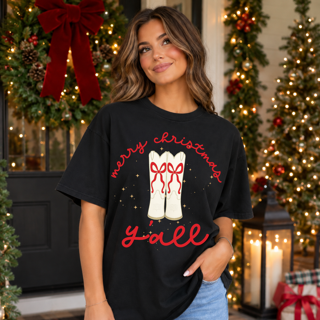 Merry Christmas Y'all cowgirl boots DTF transfer mockup on a black tee