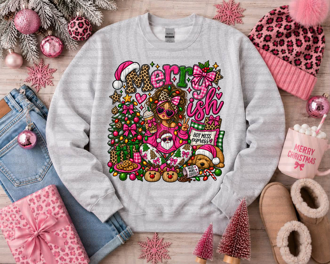 Merry-ish DTF transfer pressed on a sweatshirt