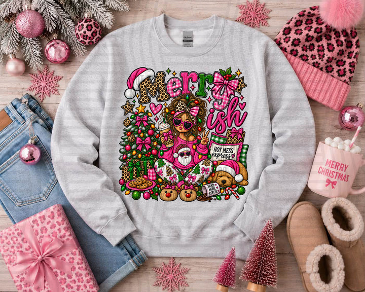 Merry-ish DTF transfer pressed on a sweatshirt