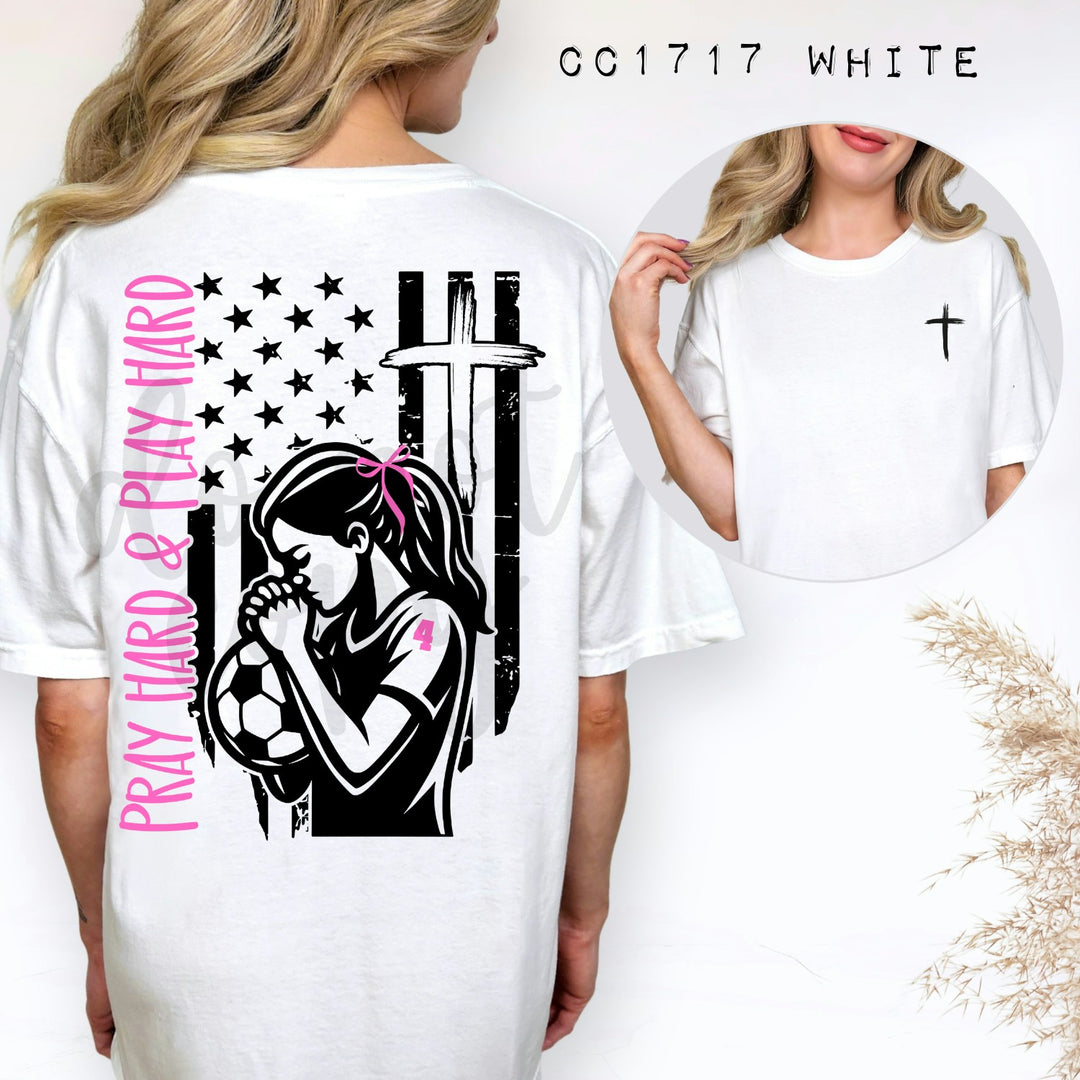 Pray Hard and Play Hard Girls Soccer customizable DTF transfer mockup