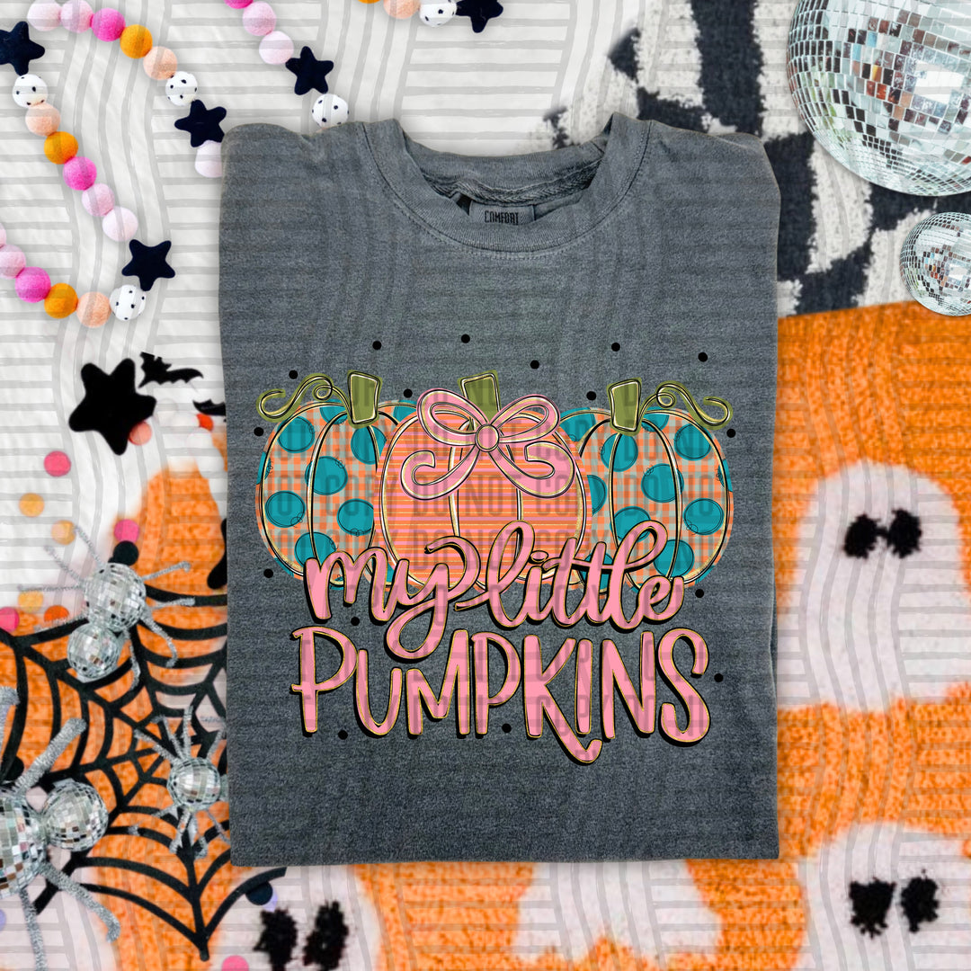My Little Pumpkins DTF transfer pressed on a tee