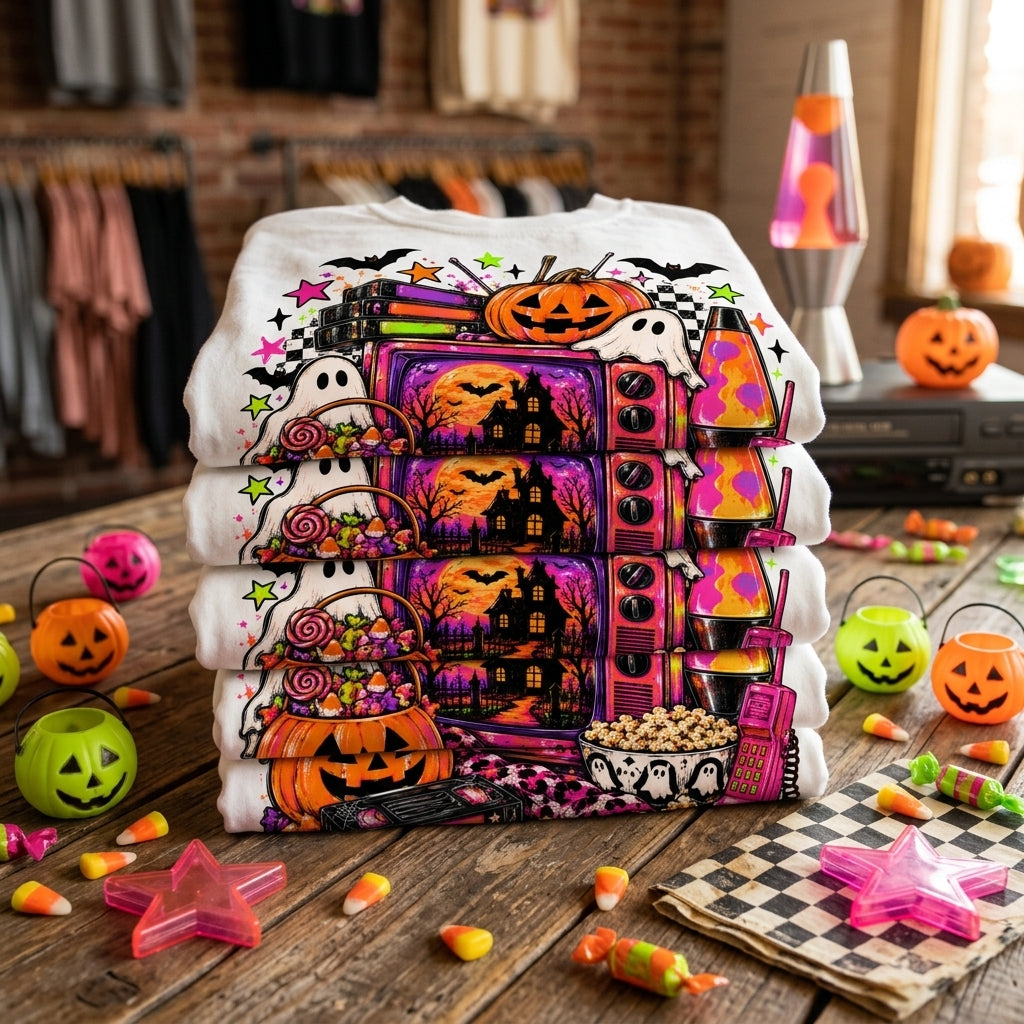 90s Halloween retro TV DTF transfer mockup – folded tee stack