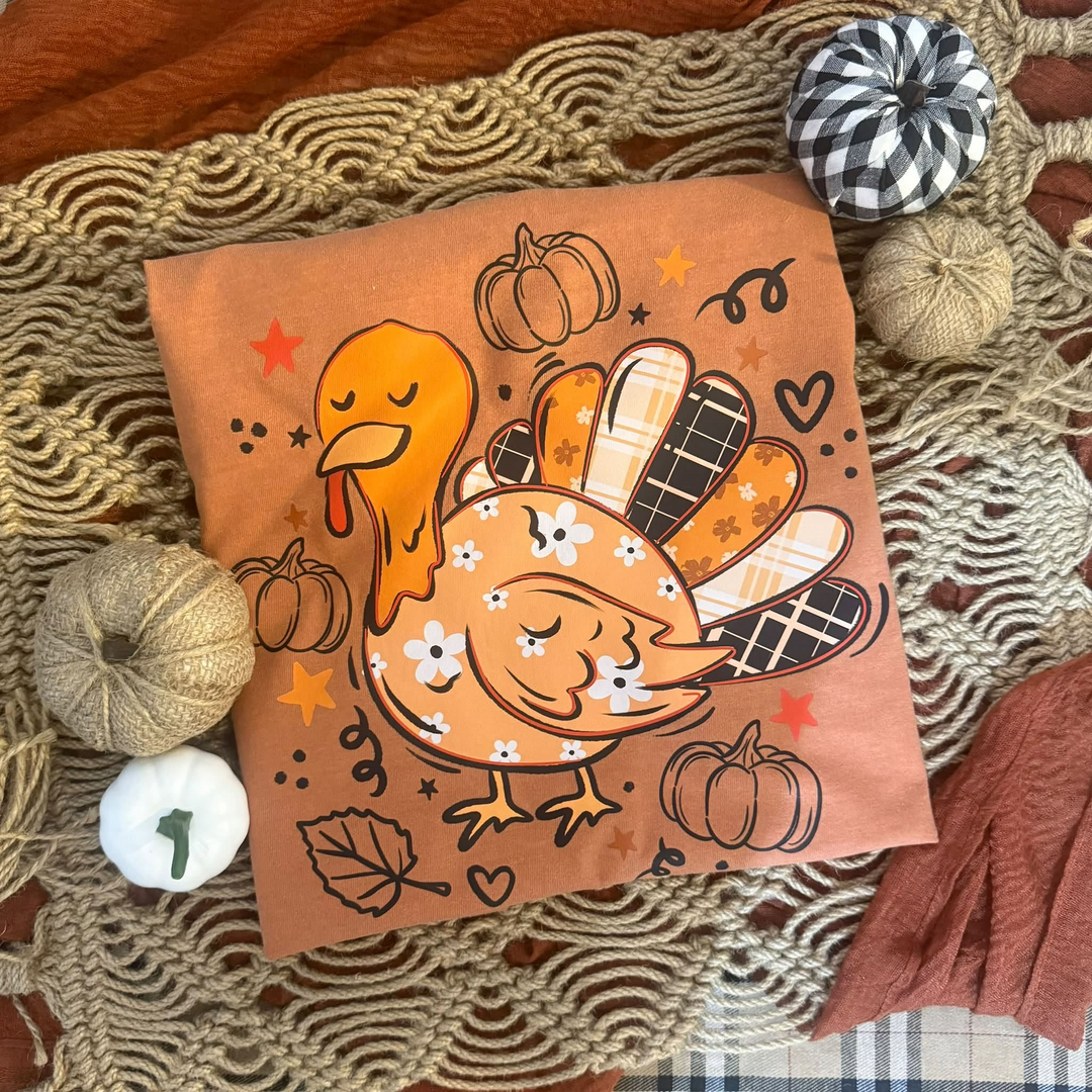 Patchwork turkey design on a Comfort Colors Yam tee