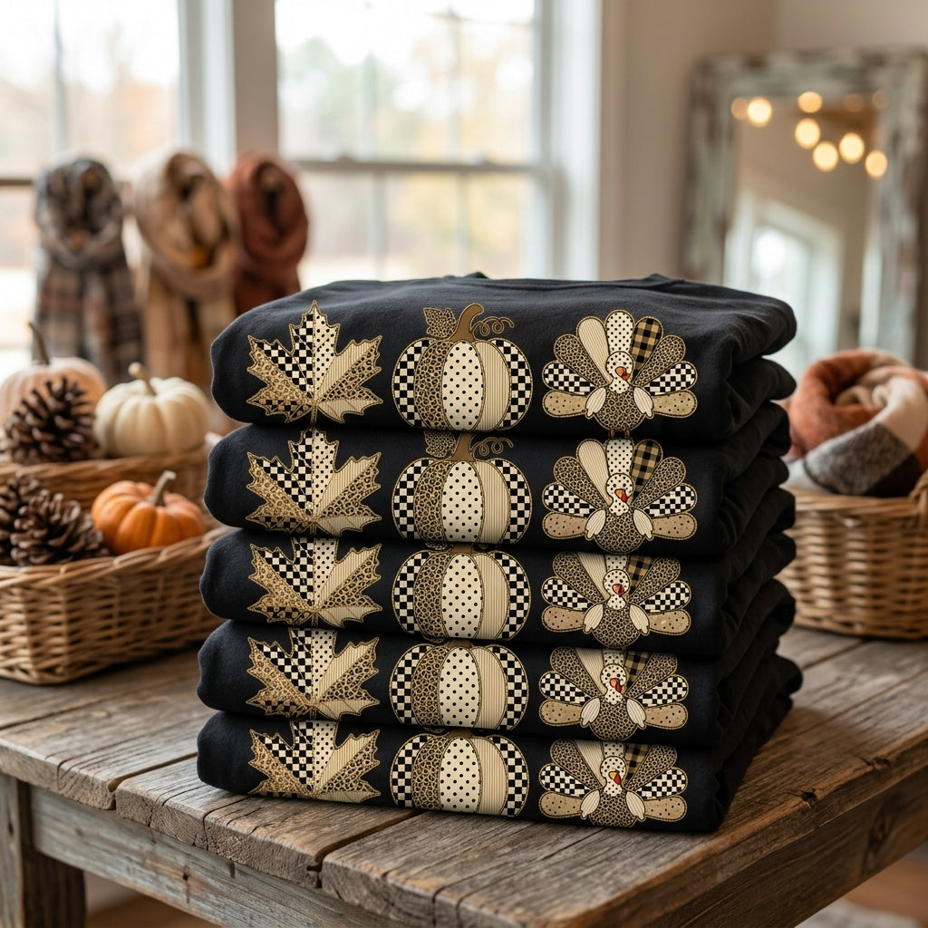 Patchwork Fall Leaf Pumpkin and Turkey Set DTF transfer mockup