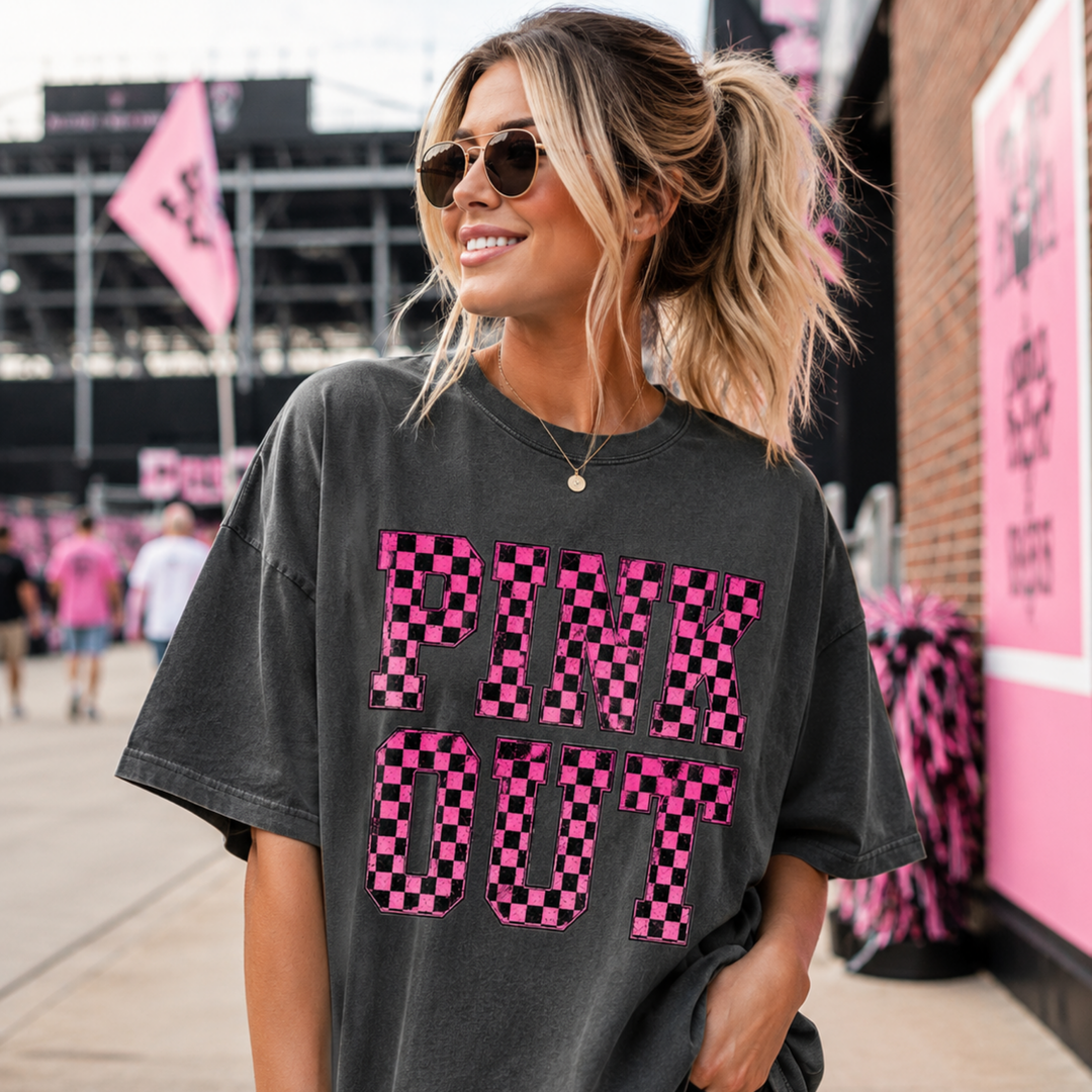 Pink Out Checkered Ombre Distressed DTF transfer mockup