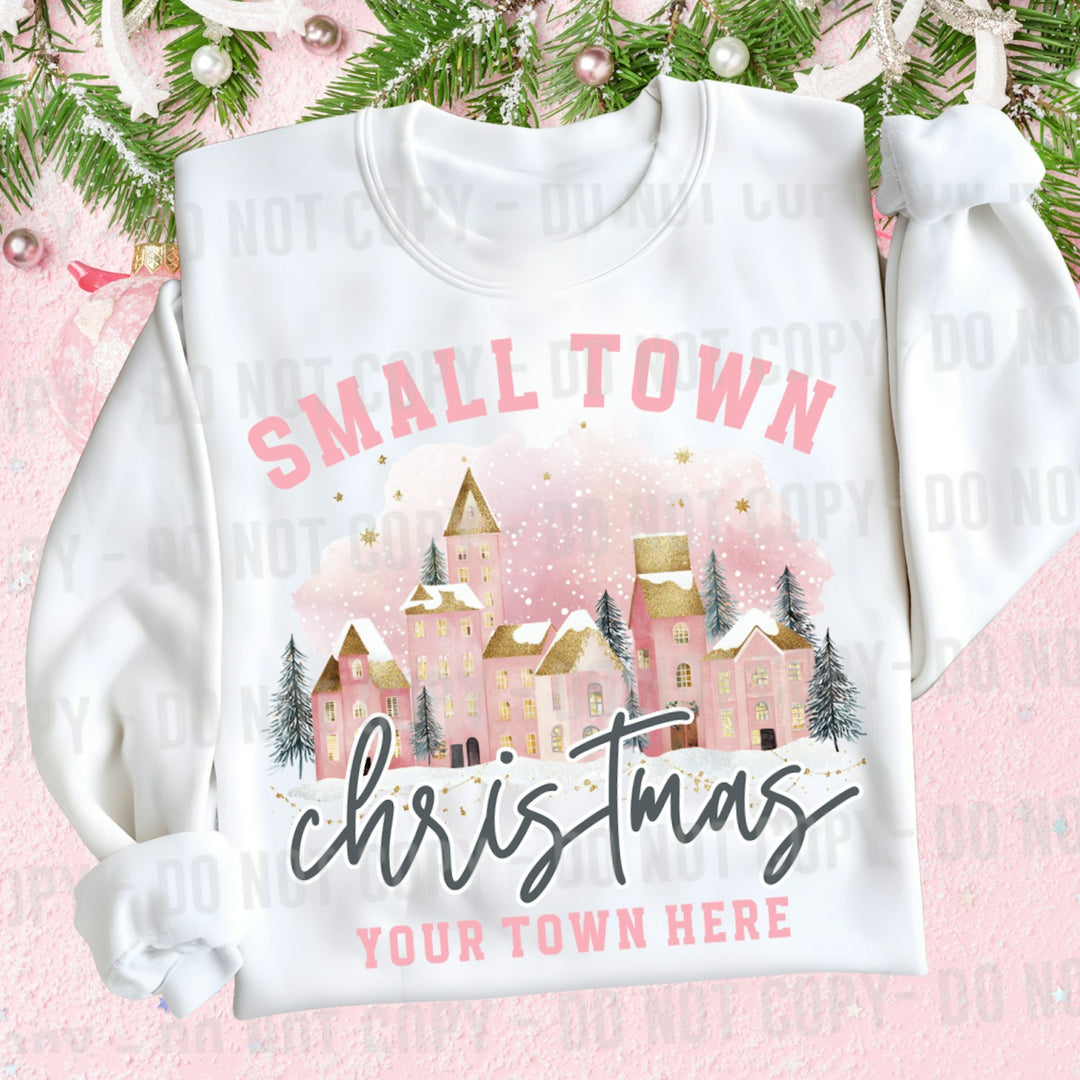 Pink Small Town Christmas Castle customizable DTF transfer mockup