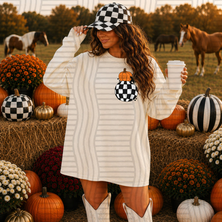 Checkered Pumpkin Pocket DTF transfer pressed on a tee
