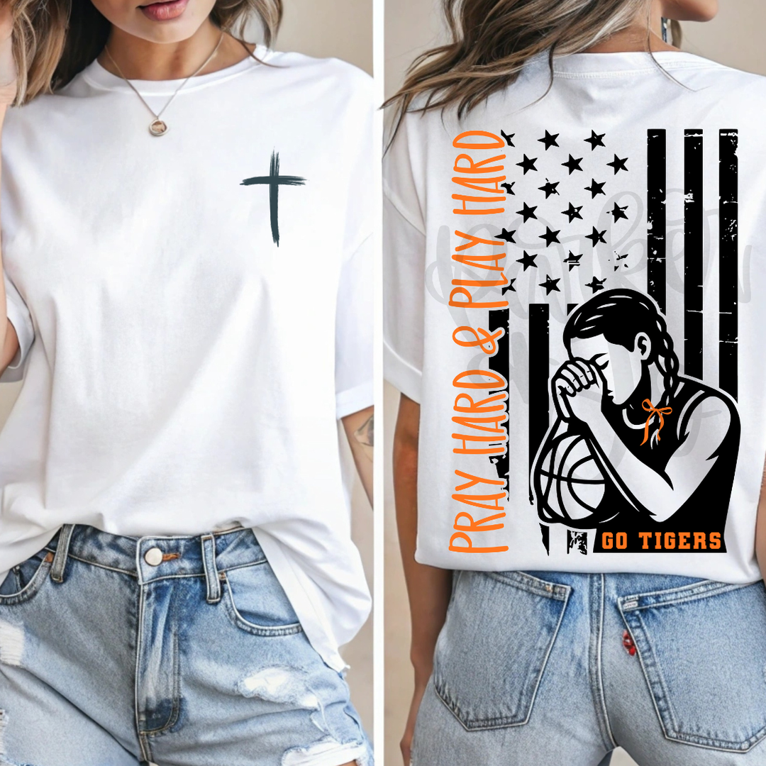Pray Hard and Play Hard Girls Basketball customizable DTF transfer