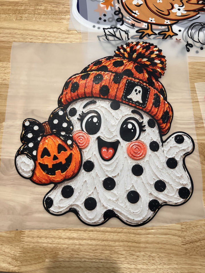 Pick Your Print – Polka Dot Ghost with Pumpkin DTF transfer